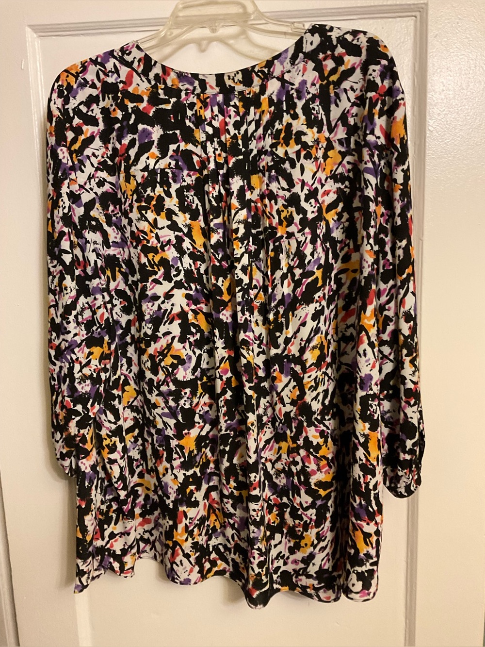 NYDJ Long Sleeve Abstract Print Dress in Black, White, Purple & Mustard